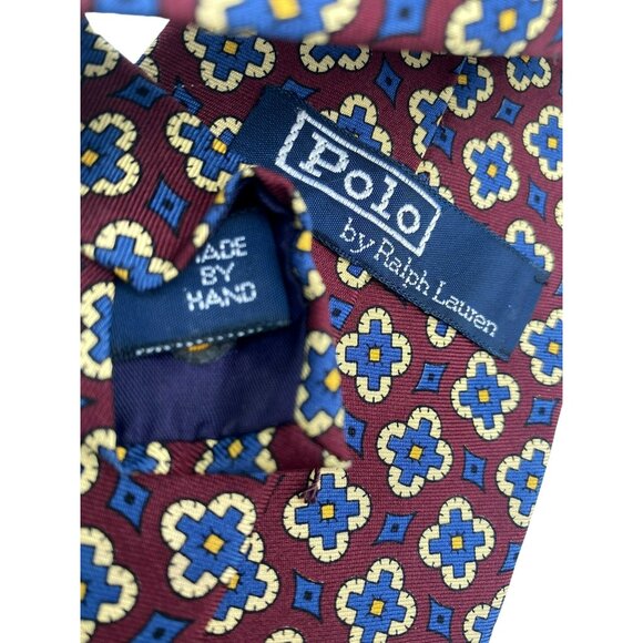 Polo By Ralph Lauren Mens Tie Burgundy Navy Geometric Handcrafted Italian Silk - Picture 6 of 7